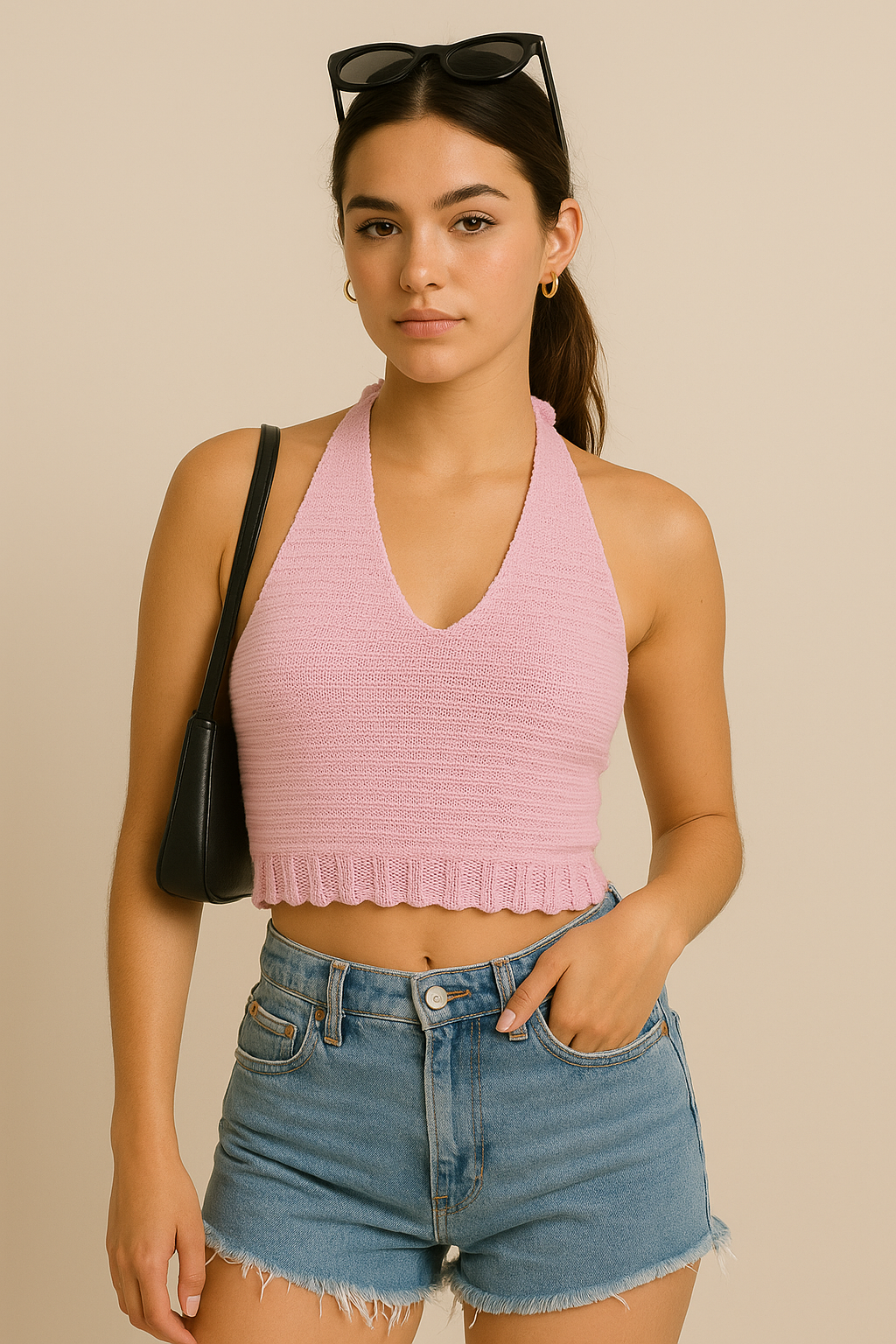 Pletený top s výstřihem za krk – Bílý